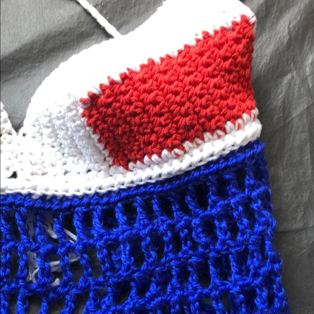 Red, White, and Blue Crochet Halter Top with Fringe - Picture 8 of 15
